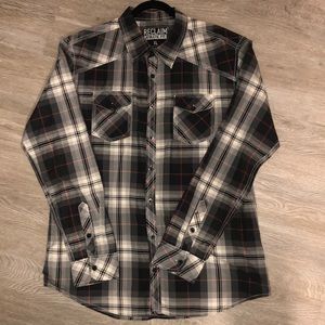 Mens plaid, burgundy, black and gray shirt.